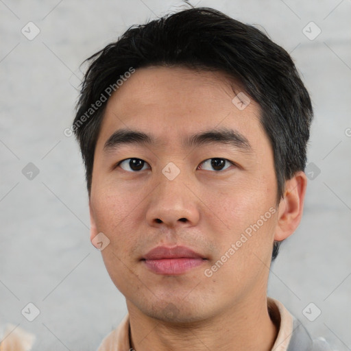 Neutral asian young-adult male with short  black hair and brown eyes