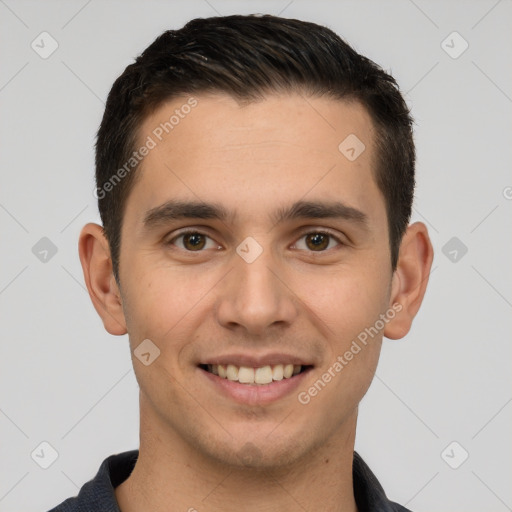 Joyful white young-adult male with short  brown hair and brown eyes