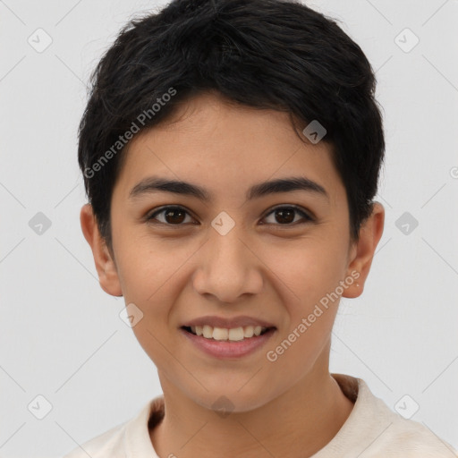 Joyful asian young-adult female with short  black hair and brown eyes