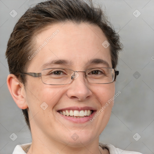 Joyful white adult female with short  brown hair and brown eyes