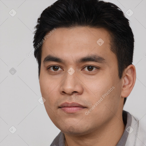 Neutral asian young-adult male with short  black hair and brown eyes