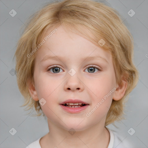 Joyful white child female with medium  brown hair and blue eyes