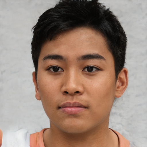 Neutral asian young-adult male with short  black hair and brown eyes