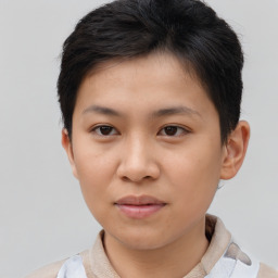 Neutral asian young-adult female with short  brown hair and brown eyes