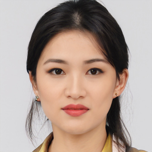 Neutral asian young-adult female with medium  black hair and brown eyes