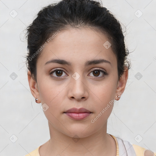 Neutral white young-adult female with short  brown hair and brown eyes