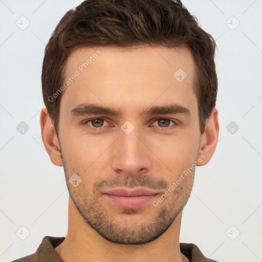 Neutral white young-adult male with short  brown hair and brown eyes