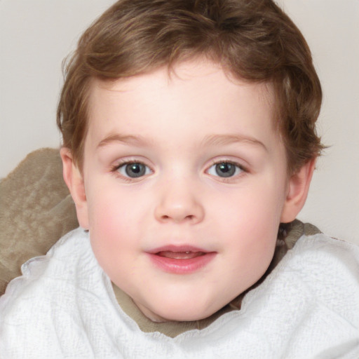 Joyful white child male with medium  brown hair and blue eyes