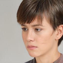 Neutral white young-adult female with short  brown hair and brown eyes