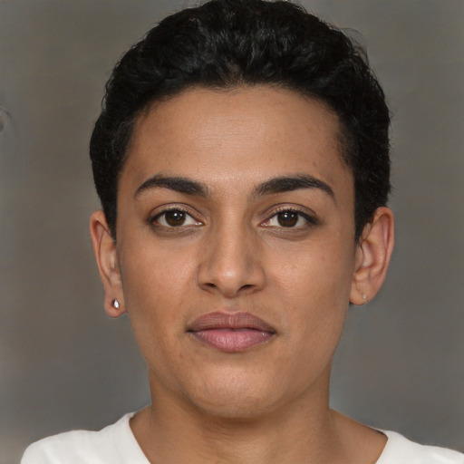 Neutral latino young-adult female with short  black hair and brown eyes