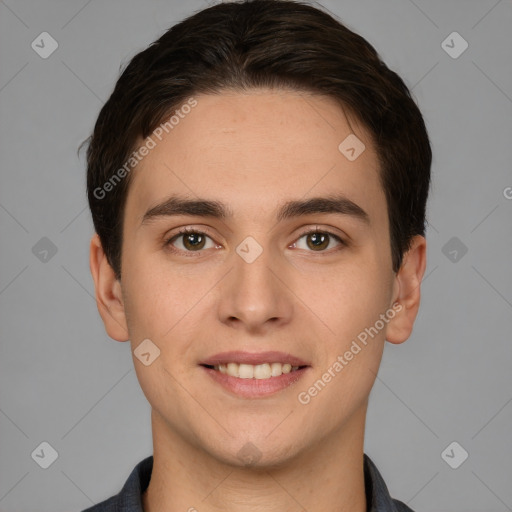 Joyful white young-adult male with short  brown hair and brown eyes