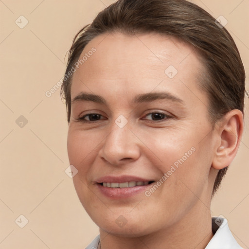 Joyful white young-adult female with medium  brown hair and brown eyes