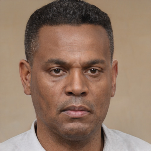 Neutral latino adult male with short  black hair and brown eyes