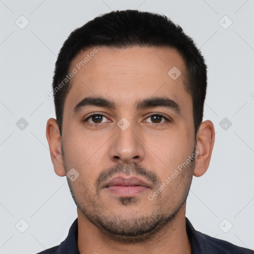 Neutral white young-adult male with short  black hair and brown eyes