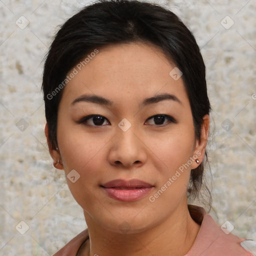 Joyful asian young-adult female with short  brown hair and brown eyes