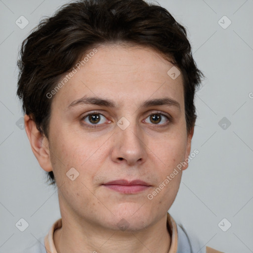 Neutral white young-adult female with short  brown hair and brown eyes