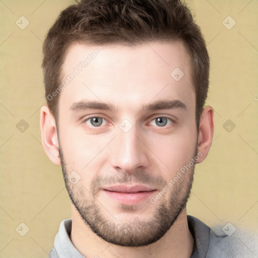 Neutral white young-adult male with short  brown hair and brown eyes