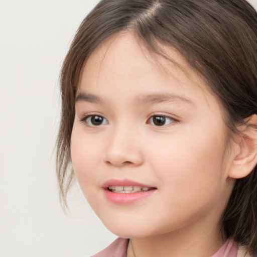 Joyful white child female with medium  brown hair and brown eyes