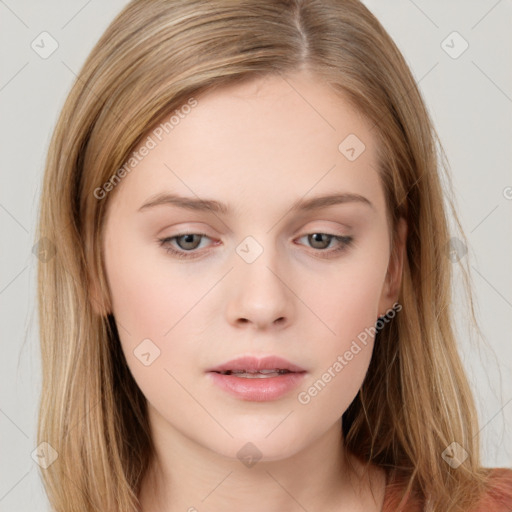 Neutral white young-adult female with long  brown hair and brown eyes