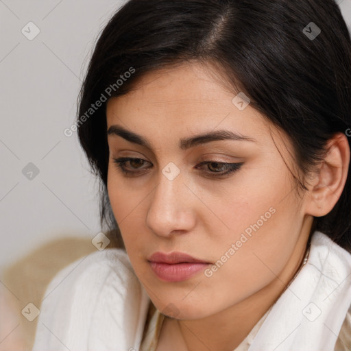 Neutral white young-adult female with medium  brown hair and brown eyes