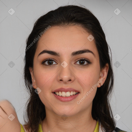 Joyful white young-adult female with medium  brown hair and brown eyes