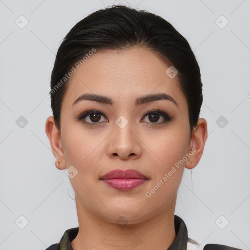 Joyful asian young-adult female with short  brown hair and brown eyes