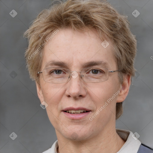 Joyful white adult female with short  brown hair and grey eyes