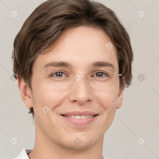 Joyful white adult male with short  brown hair and grey eyes