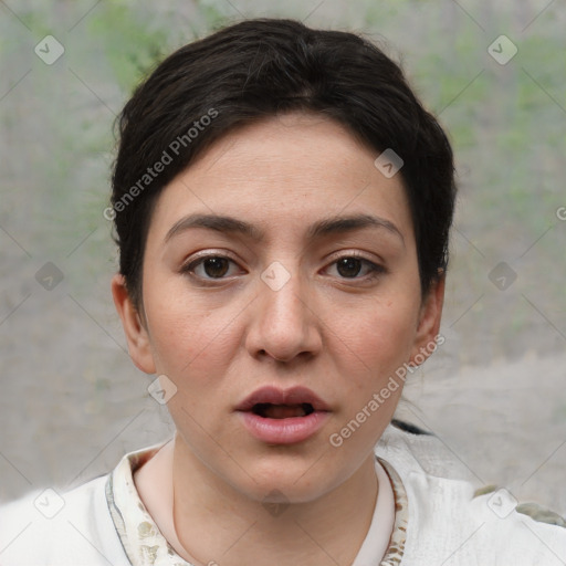 Joyful white young-adult female with short  brown hair and brown eyes