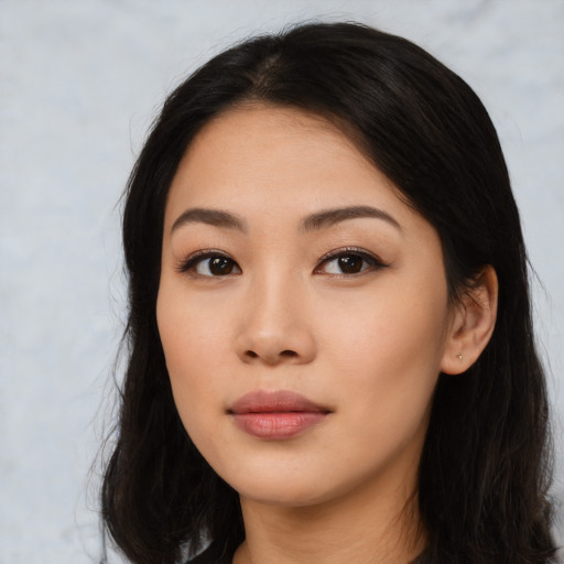 Neutral asian young-adult female with long  black hair and brown eyes
