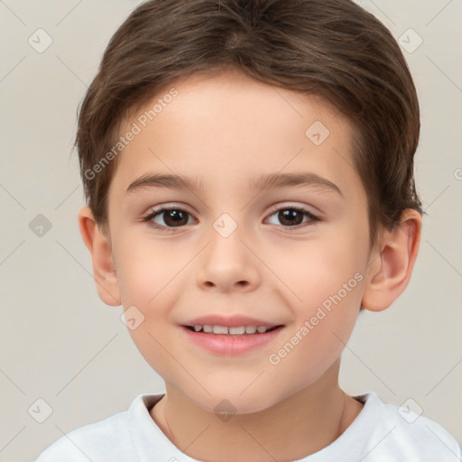 Joyful white child female with short  brown hair and brown eyes