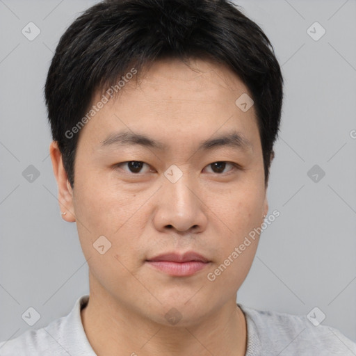 Neutral asian young-adult male with short  black hair and brown eyes
