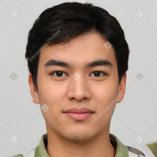 Joyful asian young-adult male with short  black hair and brown eyes