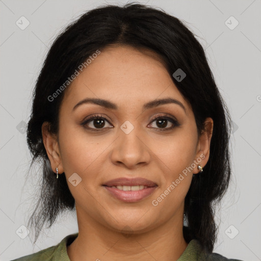 Joyful latino young-adult female with medium  brown hair and brown eyes