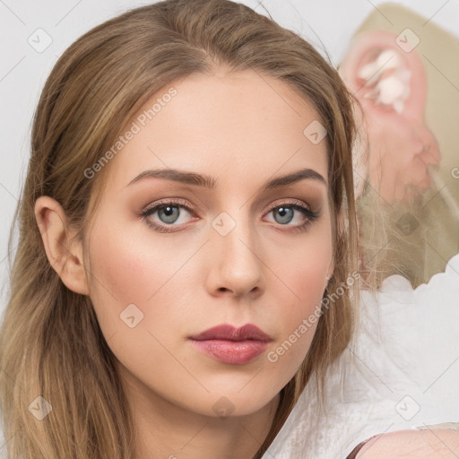 Neutral white young-adult female with medium  brown hair and brown eyes