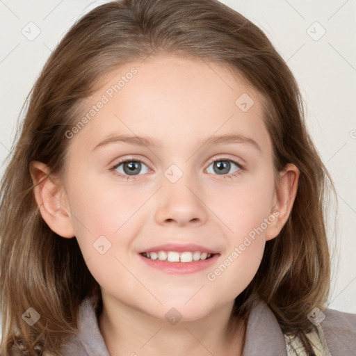 Joyful white child female with medium  brown hair and brown eyes