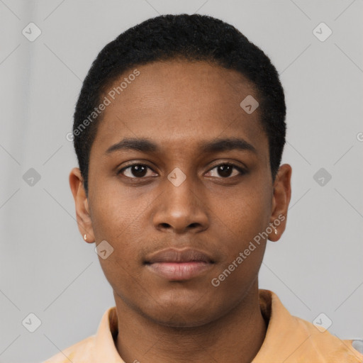 Neutral latino young-adult male with short  black hair and brown eyes