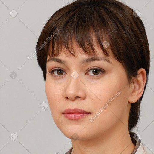 Neutral white young-adult female with medium  brown hair and brown eyes