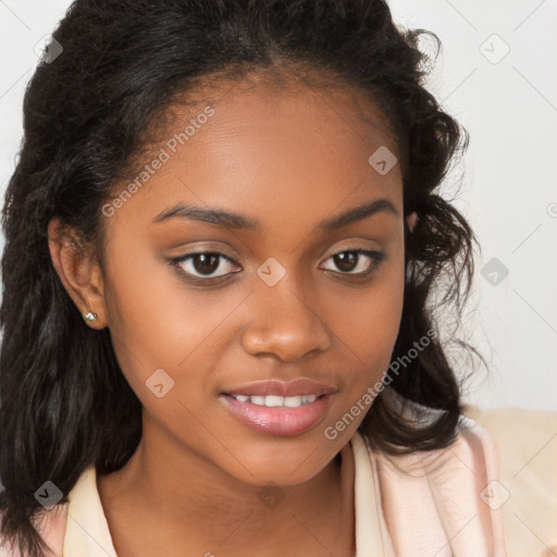 Joyful black young-adult female with medium  brown hair and brown eyes