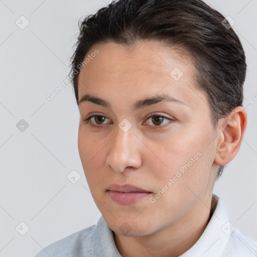 Neutral white young-adult female with short  brown hair and brown eyes