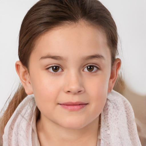 Joyful white child female with medium  brown hair and brown eyes