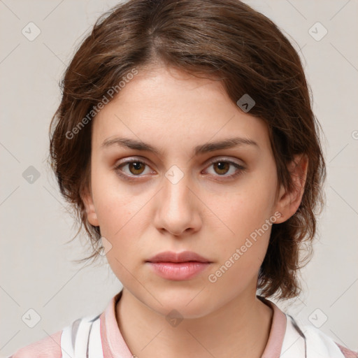 Neutral white young-adult female with medium  brown hair and brown eyes