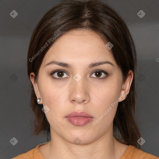 Neutral white young-adult female with medium  brown hair and brown eyes