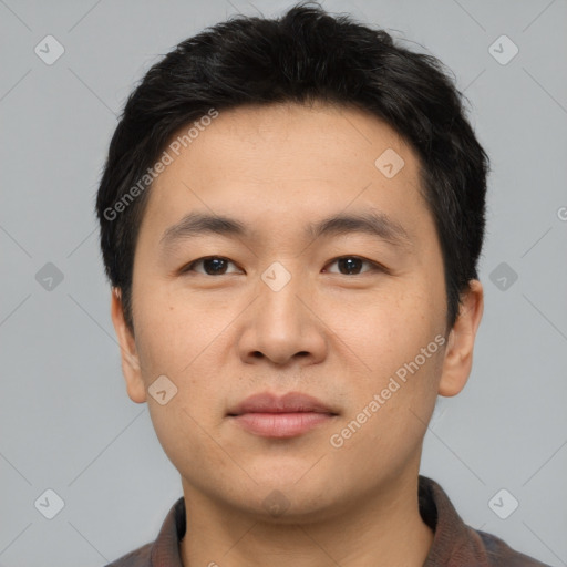 Neutral asian young-adult male with short  black hair and brown eyes