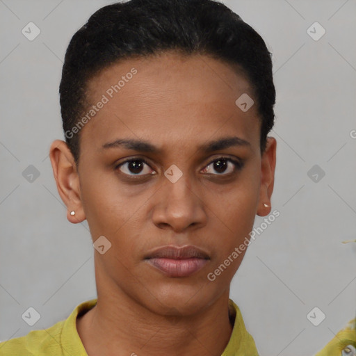 Neutral black young-adult female with short  black hair and brown eyes