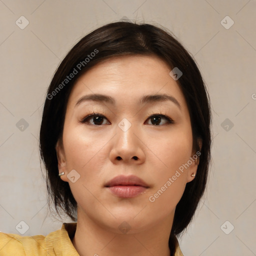 Neutral asian young-adult female with medium  brown hair and brown eyes