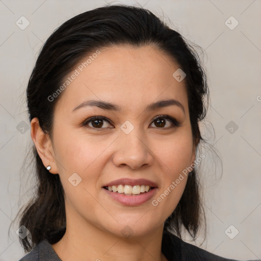 Joyful white young-adult female with medium  brown hair and brown eyes