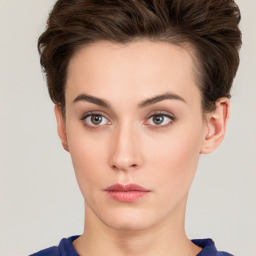 Neutral white young-adult female with short  brown hair and brown eyes