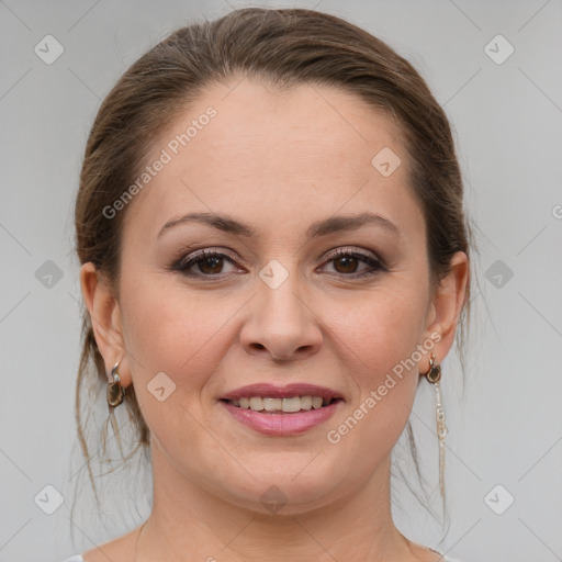 Joyful white young-adult female with medium  brown hair and grey eyes