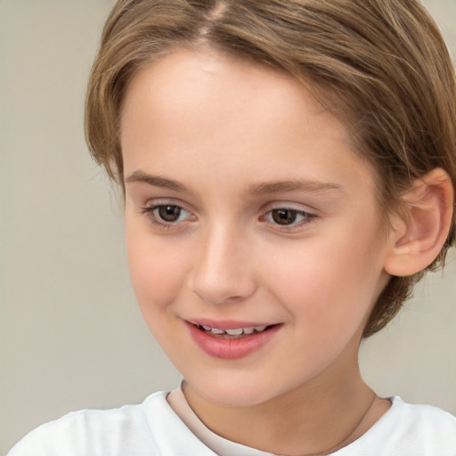 Joyful white child female with medium  brown hair and brown eyes